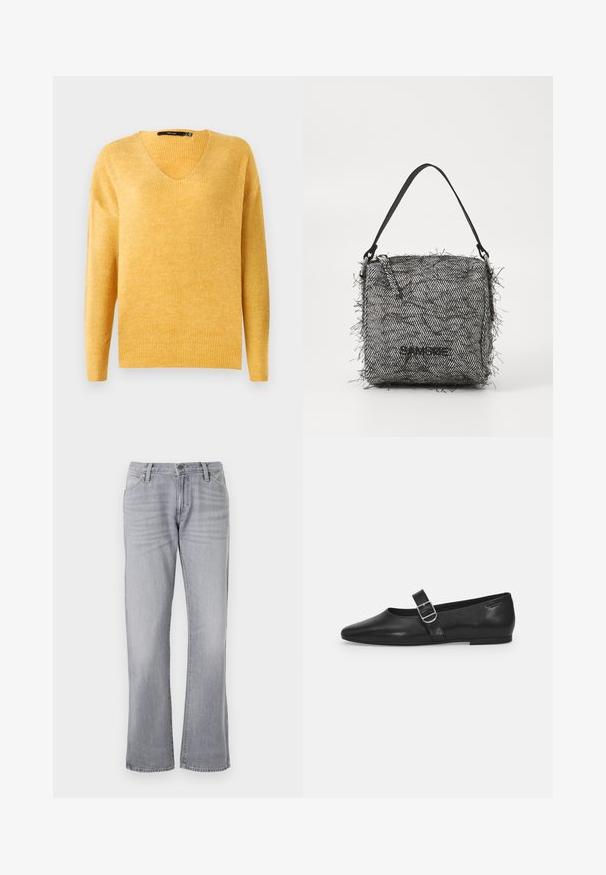Keltainen, ribattu neulepaita V-pääntiellä ja pitkillä hihoilla. Pehmeä rakenne, hieman löysä istuvuus ja rento muotoilu.; Wrangler LOW RISE COWBOY - Straight leg -farkut - haute haze; Mustat nahkakengät, joissa on pyöreä kärki, yksi säädettävä solkiremmija sileä, kiiltävä pinta. Minimalistinen muotoilu ja matala korko.; Kudottu musta-valkoinen herringbone-laukku, jossa on fringed-reunat, ohut olkahihna ja logo edessä.