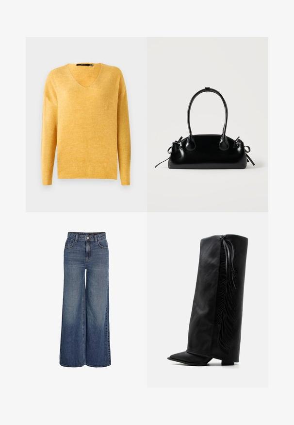 Gul, ribbet striktrøje med V-udskæring og lange ærmer. Blød tekstur, let løstsiddende pasform og et afslappet design.; Blå denimjeans med høj talje og vide ben, foran knapper, lynlås, bæltestropper og forlommer, vist på hvid baggrund.; Sort læder knæhøj støvle med spids tå og dekorativ frynse langs ydersiden mod en ensartet hvid baggrund.; Lille sort blank håndtaske med to lange håndtag og snøre-detaljer i siden på en ensfarvet lys baggrund.