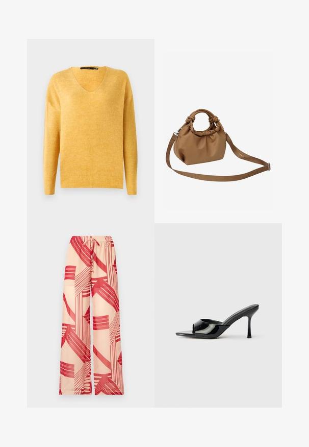 Suéter amarillo de punto acanalado con escote en V y mangas largas. Textura suave, corte ligeramente holgado y un diseño casual.; Pantalones de pierna ancha beige con cintura elástica y patrón abstracto de rayas rojas, con cordón frontal.; Mules de charol negro con punta abierta, una tira estrecha y tacón stilettos. Textura suave y diseño minimalista con suela plana.; Bolso tipo pouch marrón hecho de material sintético texturizado, con parte superior fruncida, asas anudadas y una correa ajustable.