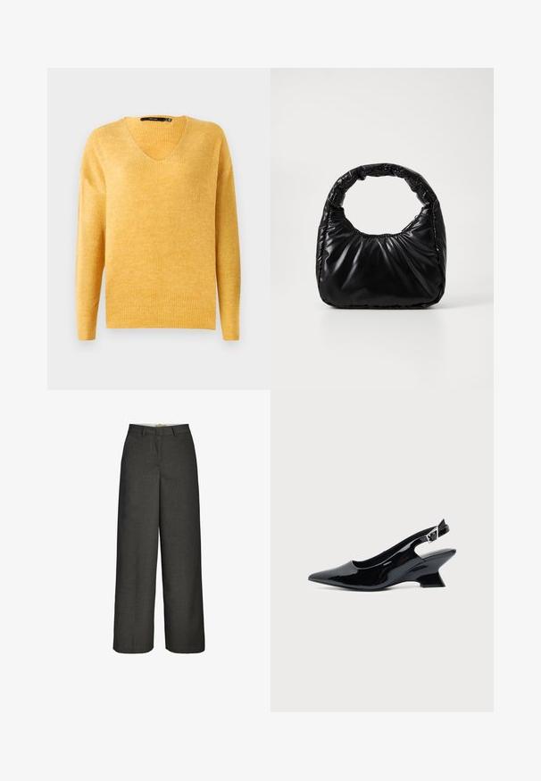 Suéter amarillo de punto acanalado con escote en V y mangas largas. Textura suave, corte ligeramente holgado y un diseño casual.; Pantalones anchos de color gris oscuro con trabillas para cinturón y cierre delantero con cremallera, mostrados sobre un fondo blanco.; Zapato slingback de cuero charol negro con puntera puntiaguda y tacón bajo en bloque inclinado sobre fondo claro liso.; Bolso negro acolchado con un asa redondeada, que presenta una superficie lisa y brillante y una textura suave y acolchada. Sin herrajes ni acentos visibles.