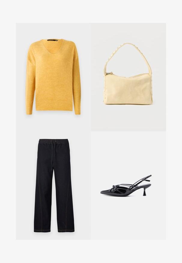 Suéter amarillo de punto acanalado con escote en V y mangas largas. Textura suave, corte ligeramente holgado y un diseño casual.; Pantalones de mezclilla oscura de pierna ancha con cintura elástica y cordón, costuras contrastantes en color naranja y líneas rectas y limpias.; Zapato de salón slingback de charol negro con punta afilada, tacón bajo tipo kitten, y detalle decorativo de lazo anudado en la parte delantera.; Pequeño bolso de cuero beige con una sola correa y tachuelas plateadas a lo largo de los bordes y la correa, sobre un fondo liso.