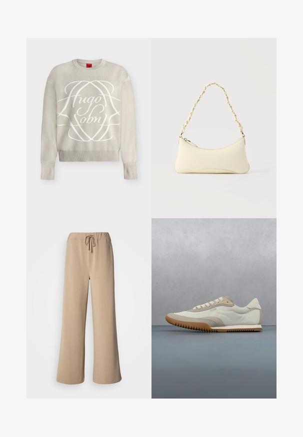 Pull en maille beige clair à manches longues avec poignets et ourlet côtelés, avec un grand logo décoratif en écriture blanche "Hugo John" sur le devant.; Pantalon beige à jambes larges avec une ceinture élastique et un cordon de serrage. Confectionné dans un tissu doux à la texture lisse, avec un ourlet surpiqué.; Sneakers blancs et beiges avec une tige lisse et des accents en daim, une semelle texturée et des coutures ton sur ton. Fermeture à lacets avec détail de logo.; Petit sac à main couleur crème avec une forme incurvée et une poignée en chaîne torsadée ton or, fermeture éclair sur le dessus