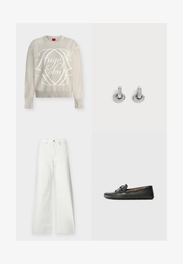 Pull en maille beige clair à manches longues avec poignets et ourlet côtelés, avec un grand logo décoratif en écriture blanche "Hugo John" sur le devant.; Jean blanc taille haute à jambes larges, fermeture à boutons devant, passants de ceinture et poches avant sur fond uni.; Bateau en cuir noir avec un bout arrondi, des détails de couture, un petit accent en nœud et une semelle en caoutchouc. Texture lisse et design épuré.; Paire de petites boucles d'oreilles créoles argentées brillantes avec une base ronde, présentées sur un fond clair uni.