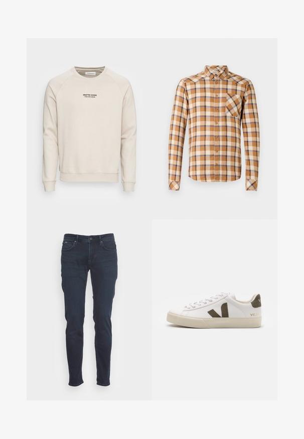Cremefarvet sweatshirt med raglanærmer, ribbede manchetter og kant. Har et sort tekstlogo på fronten. Blødt, tekstureret stof.; Skjorte i ternet design med brun, creme og blå farver, med knapkrave, lange ærmer og en brystlomme med skrå snit.; Mørkeblå jeans i slim fit-design. Fremstillet af denim, med knap- og lynlåslukning, fem lommer og subtile stikninger.; Hvide læder sneakers med en lys beige gummisål. Har en brun ruskinds V-logo og hælflap. Snørret lukning med en struktureret overflade.
