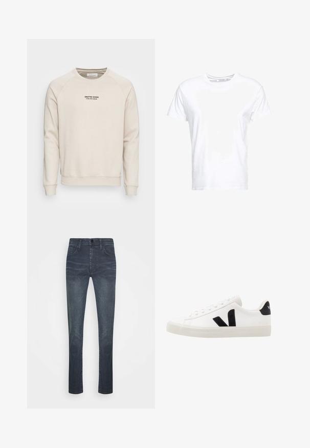 Sweatshirt de couleur crème avec des manches raglan, des poignets côtelés et un ourlet côtelé. Présente un logo en texte noir à l'avant. Tissu doux et texturé.; T-shirt en coton blanc avec un col rond et des manches courtes, au fit classique et à la texture lisse. Aucun motif ni accessoire visible.; Jean en denim bleu foncé avec une coupe droite, présentant une fermeture à bouton, cinq poches et une légère décoloration au niveau des cuisses.; Sneaker blanche en cuir avec des accents en daim noir ; dispose d'une semelle en caoutchouc, d'un bout rond et d'un design classique à lacets. Logo latéral en noir.