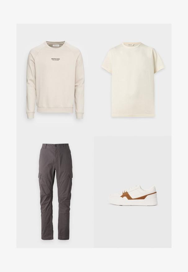Cremefarvet sweatshirt med raglanærmer, ribbede manchetter og kant. Har et sort tekstlogo på fronten. Blødt, tekstureret stof.; Basic kortærmet bomulds t-shirt i off-white med rund hals og en lille indvendig label med teksten "Selected."; Grå cargo bukser med lige snit, der har flere sidelommer og forstærket syning langs benene. Lavet af slidstærkt stof.; Hvide sneakers med brune suede accenter, der har en tekstureret finish, rund tå, tyk sål og traditionelt snørebåndsdesign.