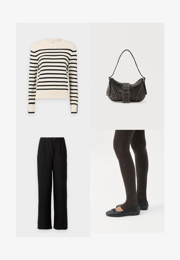 Pull créme avec des rayures noires horizontales, col rond, manches longues et finitions côtelées au niveau des poignets et de l'ourlet. Texture lisse, coupe décontractée.; Pantalon noir en tissu lisse, avec une coupe droite, des plis sur le devant et une fermeture à bouton standard à la taille.; Jambes portant des leggings côtelés foncés associés à des ballerines noires avec de petits détails en nœud sur fond blanc.; Sac à épaule en cuir noir avec une sangle à boucle, des bords arrondis et des coutures blanches contrastées sur un fond uni.