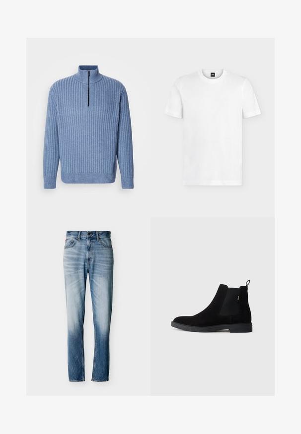 Suéter de punto acanalado en azul claro, con cuello alto y una cremallera parcial en el cuello; cuenta con mangas largas y un dobladillo recto.; Camiseta blanca de manga corta y cuello redondo con discreto logo BOSS en la parte superior izquierda del pecho y etiqueta negra en el cuello.; Vaqueros azules desgastados de pierna recta con cinco bolsillos, cierre de botón y trabillas para cinturón, mostrados extendidos sobre un fondo blanco.; Botas Chelsea de ante negro con paneles laterales elásticos, puntera redondeada y suela de goma baja. Cuenta con una lengüeta en la parte posterior para facilitar su puesta.