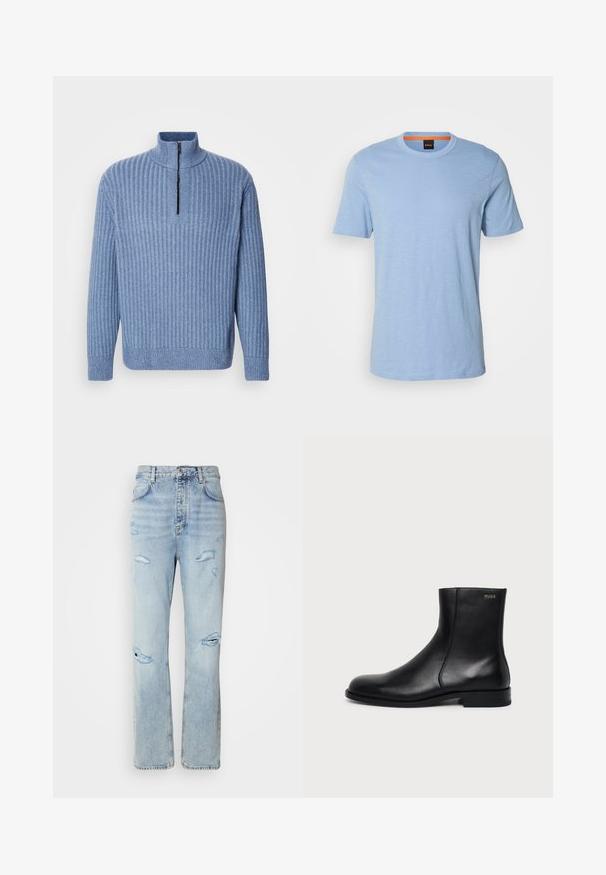 Hellblau gestrickter Pullover mit Rippenstruktur, Stehkragen und teilweisem Reißverschluss am Hals; verfügt über lange Ärmel und einen geraden Saum.; Hellblaues T-Shirt mit kurzen Ärmeln aus weichem Material. Es verfügt über einen Rundhalsausschnitt und ein dezentes, eingeprägtes Logo auf der Brust.; Hellblaue Jeans mit legerer Passform, featuring distressed Stellen und fransigen Kanten. Der Stoff hat eine weiche, glatte Textur.; Schwarzer Leder-Knöchelstiefel mit niedrigem Absatz, seitlicher Naht und kleinem "HUGO" Logo am oberen Schaft vor einfarbigem Hintergrund.