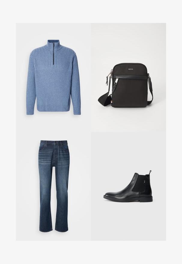Suéter de punto acanalado en azul claro, con cuello alto y una cremallera parcial en el cuello; cuenta con mangas largas y un dobladillo recto.; Jeans de denim con un diseño de pierna recta, lavado medio, estilo de cinco bolsillos y cierre de botón. La tela tiene una textura suave con un leve desteñido.; Botines Chelsea de cuero negro con paneles elásticos laterales, una pestaña para tirar y una suela de goma plana. Textura suave con un detalle mínimo.; Bolso bandolero negro con un tejido texturizado, logo en la parte frontal, cierre de cremallera y correa ajustable. Presenta un ribete de cuero suave.