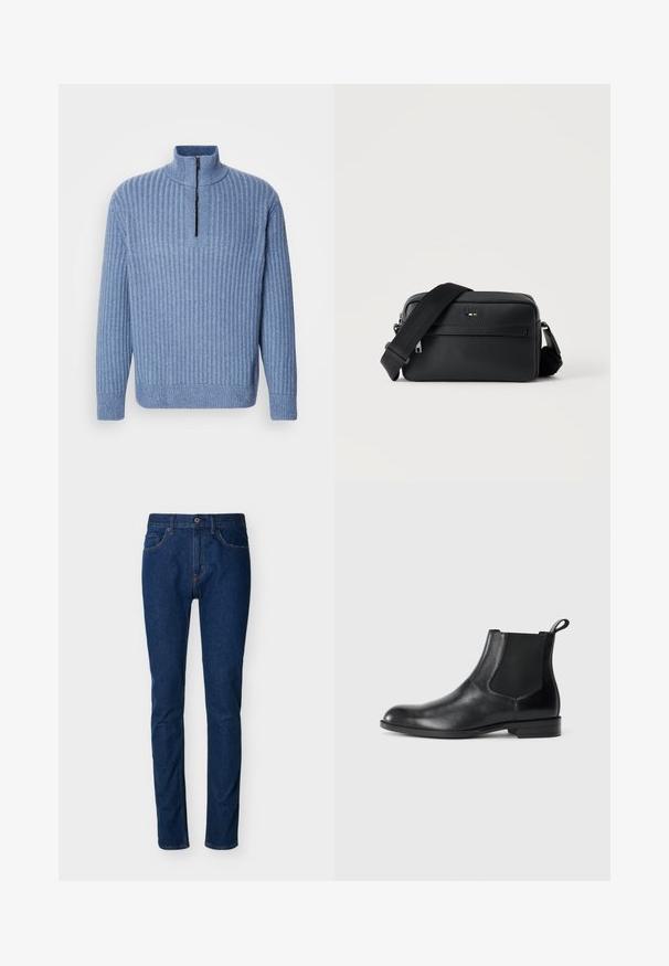 Hellblau gestrickter Pullover mit Rippenstruktur, Stehkragen und teilweisem Reißverschluss am Hals; verfügt über lange Ärmel und einen geraden Saum.; Dunkelblaue Denim-Jeans mit schmaler Passform, Fünf-Taschen-Design, sichtbaren Nahtdetails und Knopfverschluss an der Taille. Glatte Textur.; Schwarze Leder-Stiefelette mit elastischen Seiteneinsätzen, abgerundeter Zehenpartie und einem Zugschlauf. Glatte Textur, flache Sohle, minimalistisches Design.; Schwarze, strukturierte Leder-Crossbody-Tasche mit vorderer Reißverschlusstasche und verstellbarem breitem Stoff-Schulterriemen auf weißem Hintergrund.