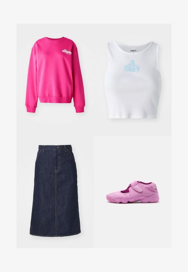 Lyserød sweatshirt lavet af blødt, tekstureret stof, med rund halsudskæring og lange ærmer. Den har et hvidt logo på forsiden.; Hvid ribbet crop top med rund halsudskæring og et lyseblåt "OBEY" logo centreret på brystet. Glat tekstur og tætsiddende design.; Mørk denimnederdel med høj talje, lige skæring, forlommer og stikninger. Har lynlås og knaplukning i taljen.; Pink sportssko med udskårne sider, justerbar velcrolukning over toppen og tyk sål markeret "AIR" på siden.