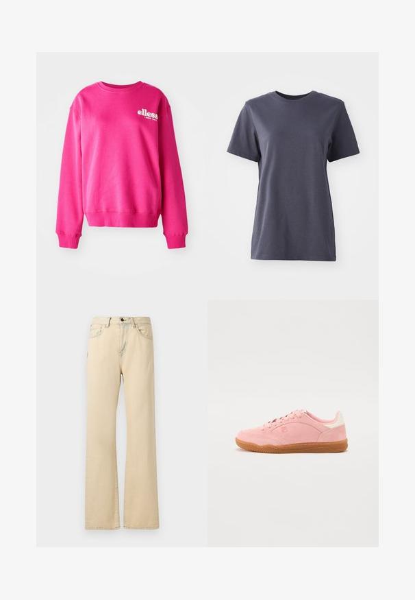 Sudadera rosa hecha de un tejido suave y texturizado, con cuello redondo y mangas largas. Presenta un logo blanco en la parte frontal.; Camiseta de manga corta en algodón gris oscuro, diseño de cuello redondo, textura suave, dobladillo recto, sin patrones visibles ni detalles metálicos.; Vaqueros anchos color beige hechos de tela de mezclilla, con una cintura alta, bolsillos frontales, cierre de botón y costuras en contraste.; Zapatillas de ante rosa con suela de goma, que presentan una punta redondeada, diseño de cordones y un acento blanco contrastante en el talón.