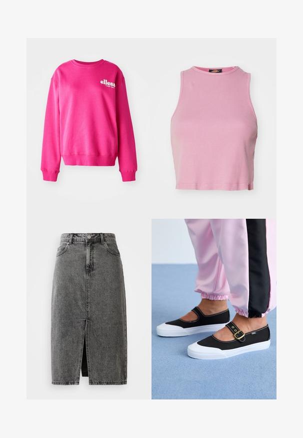 Lyserød sweatshirt lavet af blødt, tekstureret stof, med rund halsudskæring og lange ærmer. Den har et hvidt logo på forsiden.; Rosa ribbet crop top med rund halsudskæring og ærmeløs design. Har en kant, der slutter lige over taljen.; Højtaljet, falmet sort denim midi-nederdel med en frontslids, bæltesløjfer og klassisk fem-lomme design.; Sorte lærredssko med en hvid sål, der har et udskæringsdesign og et guldspænde. Bæret med lyserøde træningsbukser.