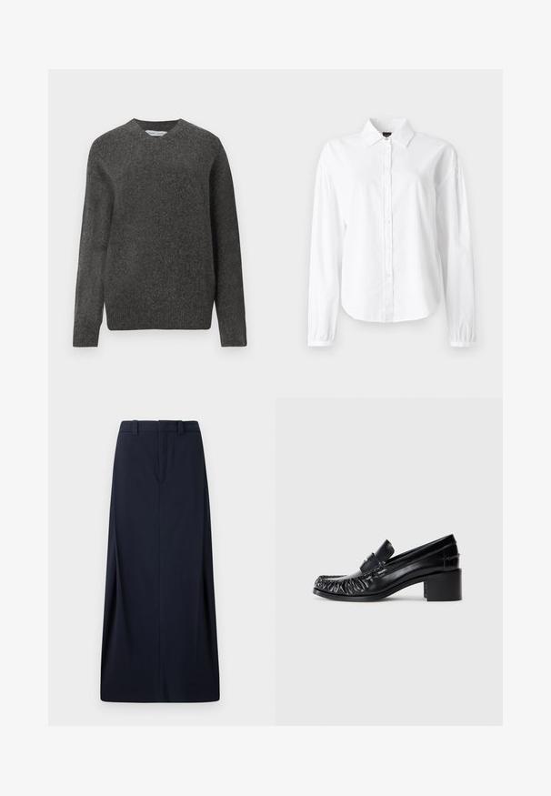 Pull gris en V fabriqué en un mélange de laine douce, avec des manches longues et une coupe décontractée. Design simple et minimal, sans motifs marquants.; Chemise blanche à manches longues avec col, boutonnage devant et poignets froncés. Fabriquée en tissu doux et léger avec une texture lisse.; Jupe longue bleu marine en tissu tissé, avec une coupe droite, des passants de ceinture et une fermeture éclair dissimulée. Lignes épurées et design minimal.; Mocassins en cuir noir avec un devant froncé, bout rond et un talon carré. Présentent une bande décorative et des détails de couture le long des bords.