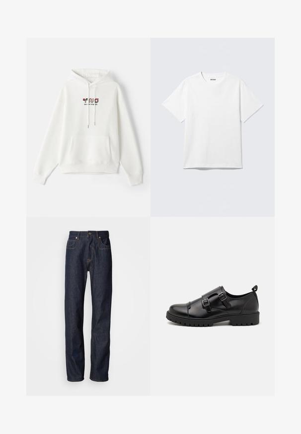 Sudadera blanca con bolsillo frontal, capucha con cordón y texto impreso que presenta una marca colorida en el pecho. Tejido suave, diseño casual.; Camiseta blanca de manga corta con cuello redondo, colocada plana, diseño liso, con etiqueta "WEEKDAY" en el interior del cuello sobre un fondo claro.; Jean de mezclilla azul oscuro con corte recto, con costuras de cobre, diseño de cinco bolsillos y cierre clásico de cremallera y botón.; Pier One by Zalando Mocasines elegantes - black