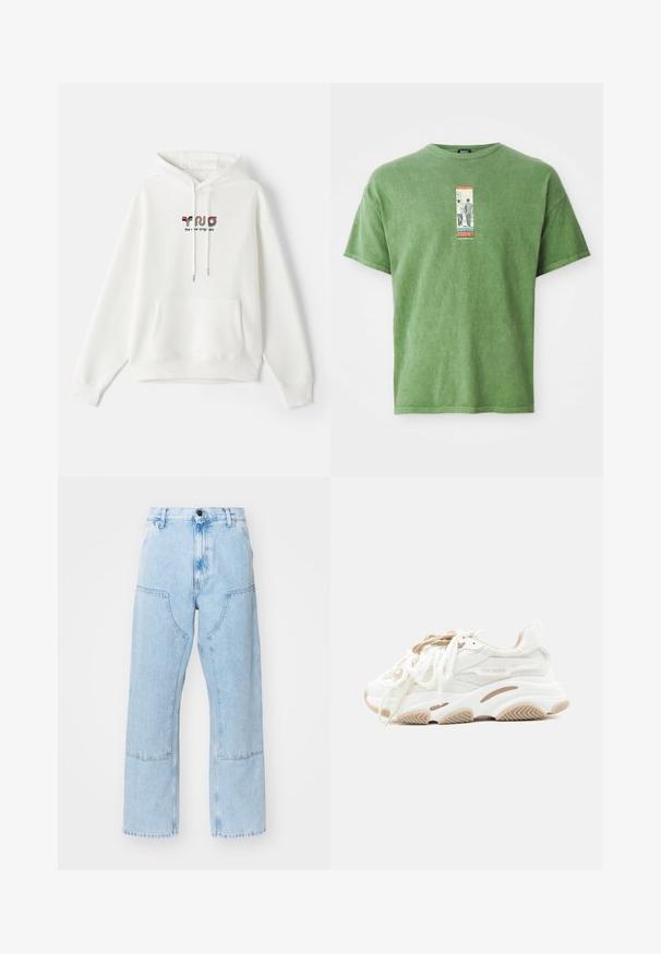 Sudadera blanca con bolsillo frontal, capucha con cordón y texto impreso que presenta una marca colorida en el pecho. Tejido suave, diseño casual.; Camiseta de algodón verde con una etiqueta gráfica central que lleva la palabra "JOURNEY", mangas cortas y un corte relajado. Textura suave, diseño casual.; Jean de mezclilla de pierna recta en azul claro, con grandes bolsillos frontales y costuras en contraste. La tela tiene una textura desvaída y suave.; Zapatilla blanca y beige de Steve Madden con paneles de malla, suela gruesa y doble cordón sobre un fondo liso claro.
