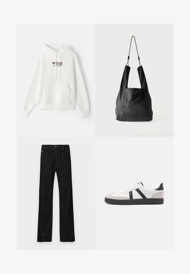 Sudadera blanca con bolsillo frontal, capucha con cordón y texto impreso que presenta una marca colorida en el pecho. Tejido suave, diseño casual.; Pantalones de pana negros con un diseño de pierna recta, con cierre de botón, branding sutil y dos bolsillos frontales. Textura suave y color sólido.; Zapatilla blanca con acentos en negro y gris, que presenta una puntera texturizada en gris, suela de goma negra y cordones planos blancos. Diseño limpio, estilo minimalista.; Bolsa de mano de tela negra suave con asas anchas y una delgada correa de hombro trenzada en negro y blanco.