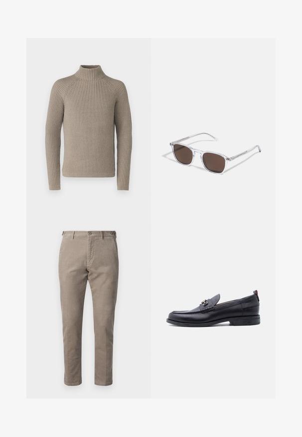 Beige ribbet turtleneck sweater med lange ærmer, som har en tætsiddende silhuet og struktureret strikkemønster. Lavet af et blødt materiale.; DRYKORN FAGO - Chino - brown; Sort lædermokasin med grå tekstureret forfod, sølvfarvet metalspænde, lav hæl og trækflap bagpå.; Klare plastik solbriller med rektangulære brune linser, med tynde, transparente stænger og metal accenter på templerne.
