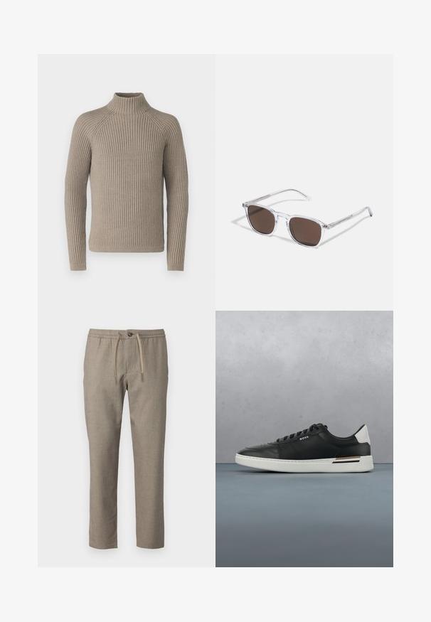 Suéter de cuello alto de canalé beige con mangas largas, que presenta una silueta ajustada y un patrón de punto texturizado. Hecho de un material suave.; Pantalones beige con una cinturilla elástica, cierre de cordón y corte recto. El material tiene una textura sutil.; Zapatilla de cuero negra con suela blanca, cuenta con perforaciones, diseño de cordones, logo en el costado y detalle del talón en blanco y marrón.; Gafas de sol de plástico transparente con lentes marrones rectangulares, que cuentan con finas varillas transparentes y acentos metálicos en las patillas.