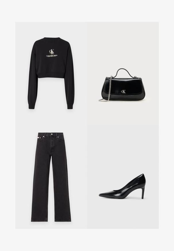 Must musträbiga musta overly on pehmeast kangast, ümmarguse kaelusega ja pikkade varrukatega. Esiküljel on logo "CK Calvin Klein Jeans" valge ja kulla värvuses.; Mustad laiad mustad teksad, millel on kõrge vöökoht, viie tasku stiil ja metallist nööpkinnitus kontrastsete õmblustega.; Mustmust musta kõrge kontsaga king, millel on terav varvas, sile tekstuur ja kitsenev konts. Minimalistlik disain, ilma täiendavate kaunistusteta.; Must nagu nahast käekott ahela rihmaga, struktureeritud kuju ja hõbedane logosildiga. Sile tekstuur ning klapiga sulgemine.