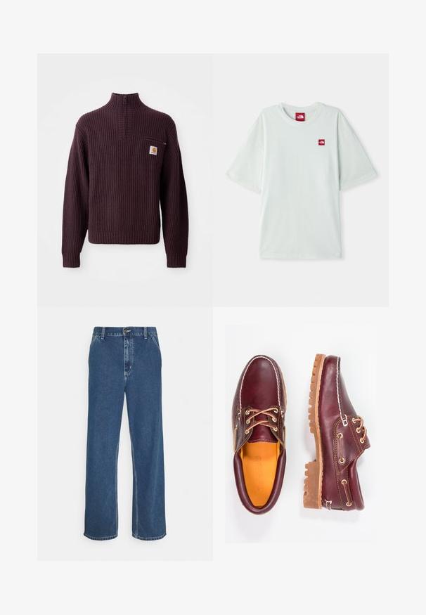 Lilla ribbet sweater med halv-zip krave, en lille brystlomme og et logo-patch på fronten. Tekstureret stof og tætsiddende manchetter.; Lysegrøn kortærmet t-shirt lavet af blød bomuld, med et lille rødt logo på venstre brystområde. Løs pasform og rund halsudskæring.; Blå denimjeans med lige pasform, fem-lomme design, metalknaplukning og synlig syning langs søm og kant.; Bordeaux lædersko med brune gummisåler, rund tå, hvid syning og gyldne snøringer. Indersiden har et gult for.