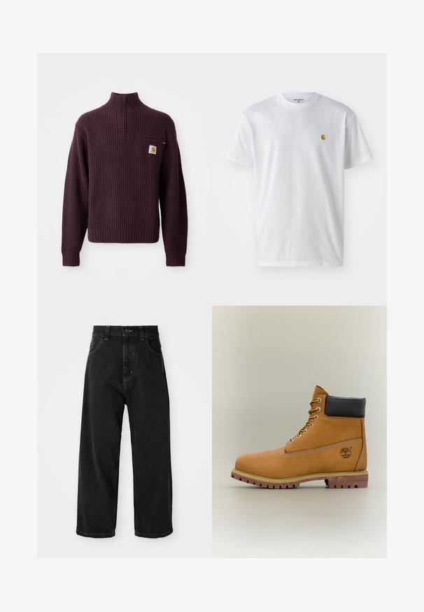 Lilla ribbet sweater med halv-zip krave, en lille brystlomme og et logo-patch på fronten. Tekstureret stof og tætsiddende manchetter.; Hvid bomulds t-shirt med korte ærmer, rund hals og et lille guld logo på venstre brystområde. Blød tekstur og almindelig pasform.; Sorte denim jeans med vide ben og høj talje, frontknap, lynlås samt gule syninger på lommer og sømme.; Brun læderankelstøvle med sort krave, gule snørebånd og tanfarvet sål. Har logo og hvide syninger som detalje. Robust ydersål med greb.