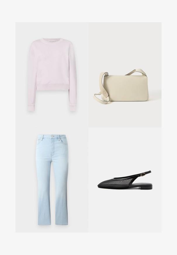 Heledalt roosa lühike sviiter, mis on valmistatud pehmest kangast. Omab pikka varrukat ja esiküljel on sama värvi tikand "CLOSED" logo.; FRAME THE REBOOT CROP - Bootcut-teksad - light blue; Must slingback platvormkinga terava varbaosaga, võrkpealsega, reguleeritava pandlaga rihmaga ja madala pinu kontsaga valgel taustal.; Kreemivärvi nahast õlakott reguleeritava rihmaga ja klapatäitega, asetatuna neutraalse valge tausta peale.