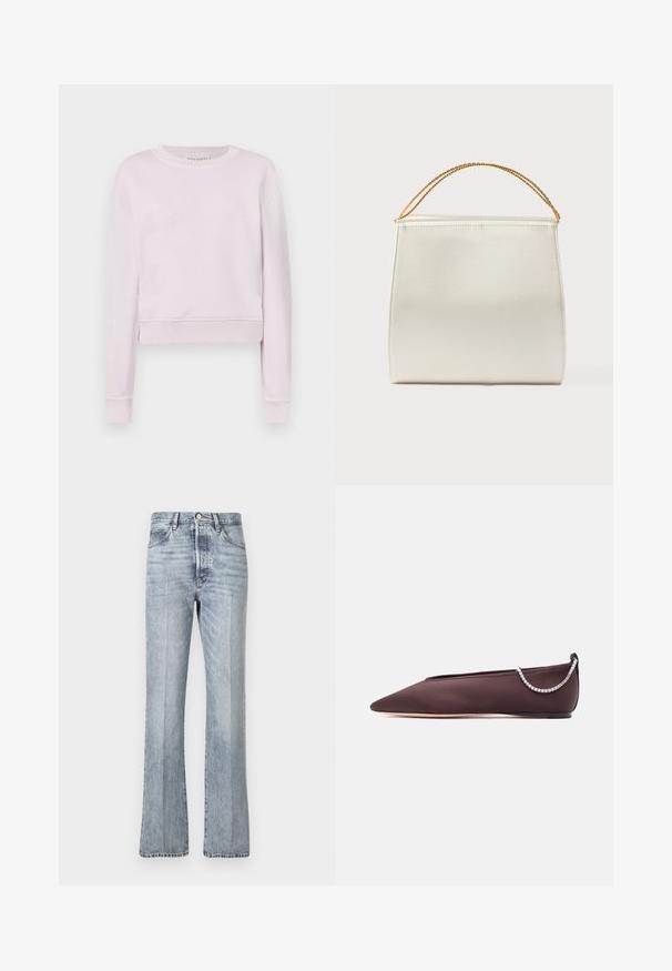 Heledalt roosa lühike sviiter, mis on valmistatud pehmest kangast. Omab pikka varrukat ja esiküljel on sama värvi tikand "CLOSED" logo.; Heledsinine denim teksad flared jala disainiga, kõrge vöökoht, esi-taskud ja peen tuhmumine. Tavaline nusser ja kinnitus.; Tumepruunid terava varbaga madala kontsaga lamedad kingad, mille tagaküljel on hõbedaste teemandikettide detail.; Struktureeritud käekott satiinpinnaga, kreemikas värv, lühem kett-õlarihmaga. Omab ühtlast, siledat tekstuuri ja puhtaid õmblusi.
