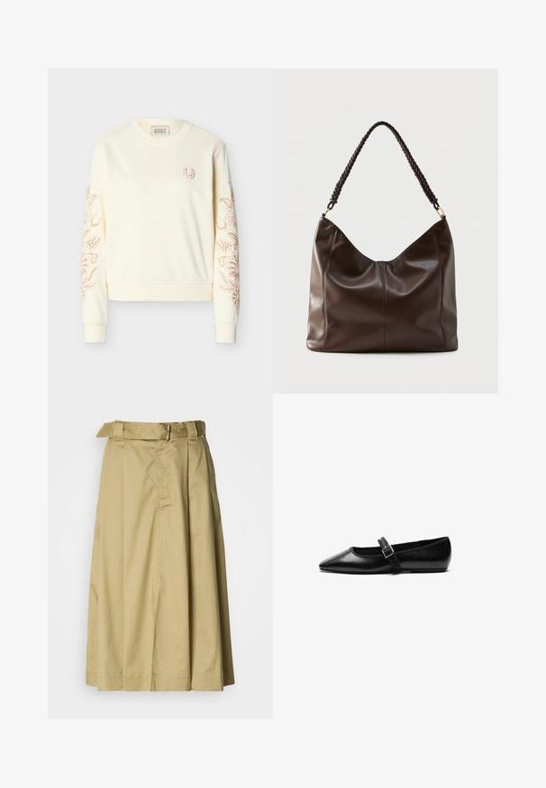 Sweat-shirt crème à manches longues avec col rond, petit fer à cheval brodé sur la poitrine, et broderie florale complexe le long des deux manches.; Jupe midi kaki avec une taille ceinturée, design plissé et deux poches latérales visibles, fabriquée dans un tissu lisse au toucher doux.; Chaussure noire plate en cuir avec un bout pointu, bride réglable avec une boucle en métal, texture lisse et design minimaliste.; Sac à bandoulière en cuir brun foncé avec une poignée tressée et des coutures apparentes sur le devant.