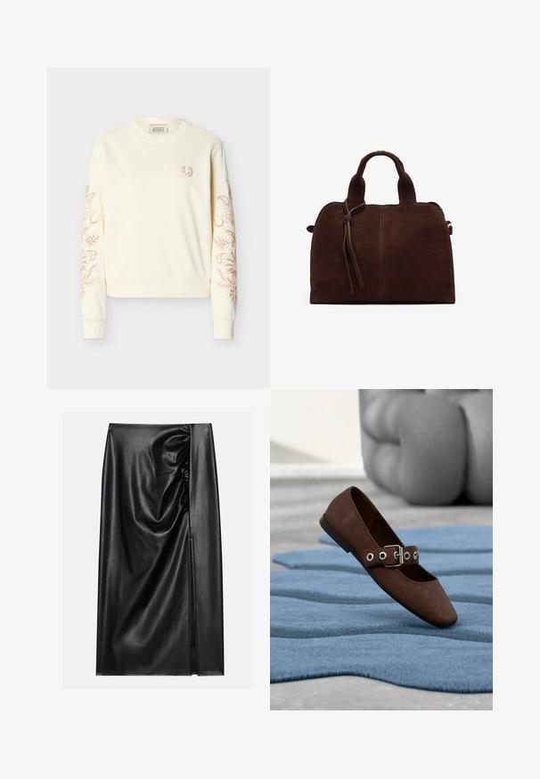 Sweat-shirt crème à manches longues avec col rond, petit fer à cheval brodé sur la poitrine, et broderie florale complexe le long des deux manches.; Jupe en cuir noir avec une texture lisse, présentant une section froncée sur un côté et une fente sur le côté pour un détail supplémentaire.; Chaussure plate en daim marron avec bride à boucle reposant sur un tapis bleu texturé, avec un meuble gris capitonné en arrière-plan.; Sac à main en daim marron avec deux poignées supérieures, un détail de nœud à l'avant et une couture contrastante. Texture douce et forme structurée.