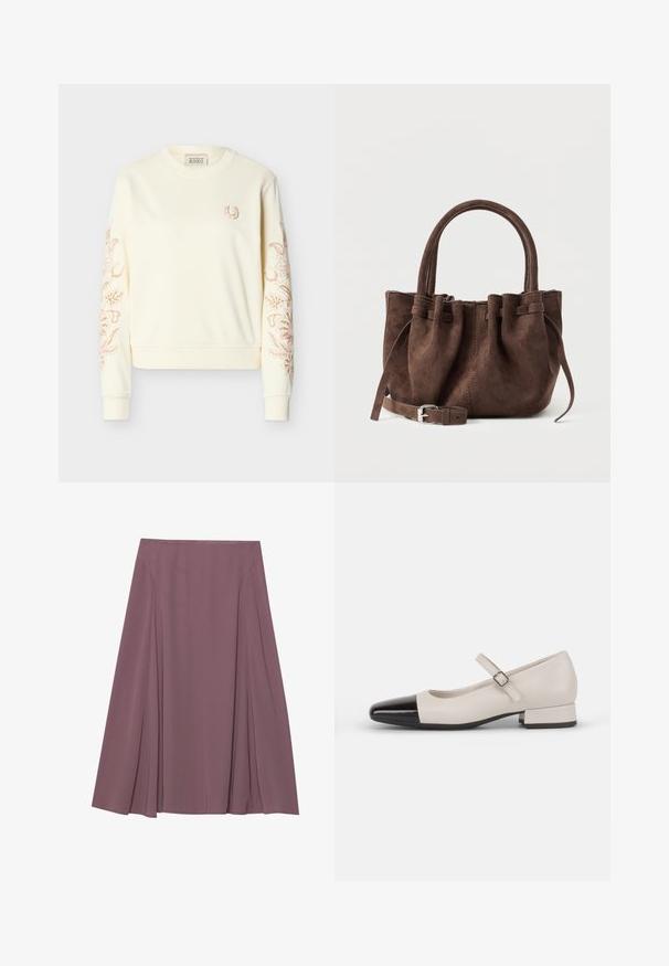 Sweat-shirt crème à manches longues avec col rond, petit fer à cheval brodé sur la poitrine, et broderie florale complexe le long des deux manches.; Une jupe longueur genou dans une couleur mauve atténuée, fabriquée en tissu léger avec un design plissé et une texture lisse. Aucun fermoir visible.; Chaussure de style Mary Jane en cuir crème avec un bout en vernis noir. Présente un bout rond, une sangle de cheville avec une boucle carrée et un petit talon carré.; Sac à main en daim marron avec le dessus froncé, double anses et bandoulière amovible avec boucle en argent, présenté sur un fond uni.