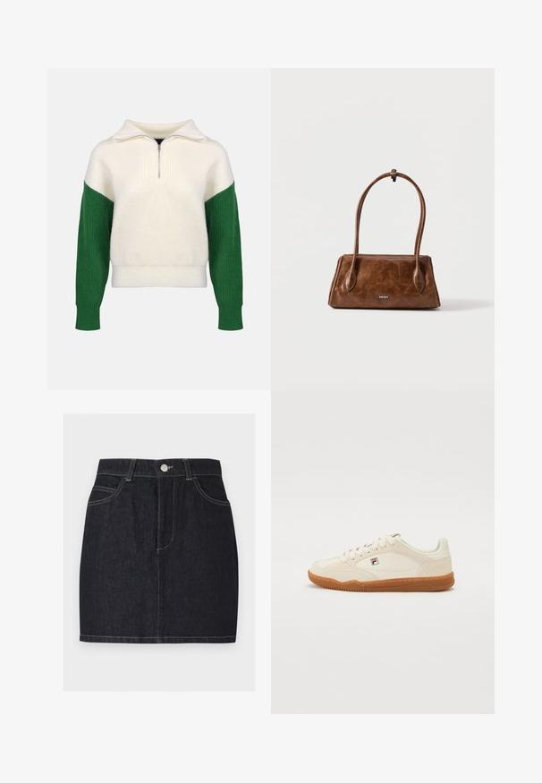 Striktrøje med kvart lynlås krave. Cremerfarvet krop med ribbede grønne ærmer. Blød tekstur, afslappet pasform, kontrastfarvede blokke.; Mørkeblå denim mini nederdel med knapper foran og lynlås, bæltestropper og forlommer.; Hvide sneakers med en ruskindsoverflade, gummisål og syede detaljer. Har snørebåndsdesign og et lille logo på siden.; Brun læderhåndtaske med lange håndtag, rektangulær form og lille sølvfarvet DKNY-logo centreret foran.