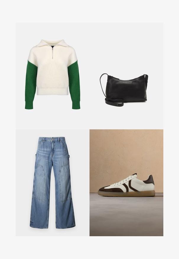 Striktrøje med kvart lynlås krave. Cremerfarvet krop med ribbede grønne ærmer. Blød tekstur, afslappet pasform, kontrastfarvede blokke.; Good American GOOD EASE RELAXED - Jeans Relaxed Fit - indigo; Læder- og ruskindsneakers i creme med brune accenter. Har teksturerede sidestriber, rund tå og slidstærk gummisål.; Sort læder skuldertaske med en glat tekstur, buet form, justerbar rem og lynlås. Minimalistisk design uden udsmykninger.