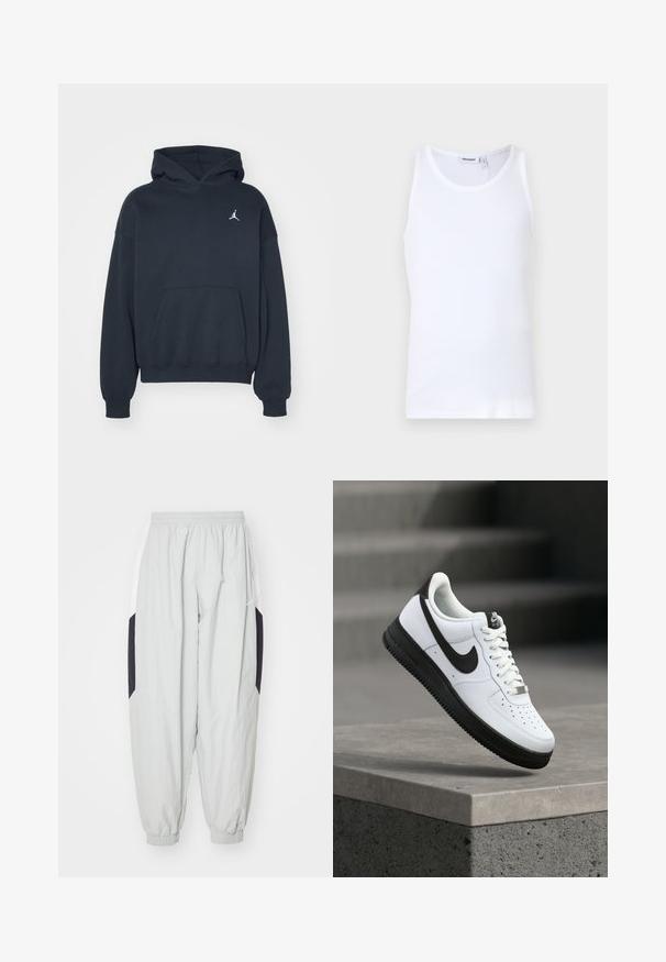 Zwarte hoodie van katoen met een kangoeroezak, relaxte pasvorm en een klein wit Jumpman-logo op de linkerkant van de borst.; Witte katoenen tanktop met ronde hals en brede banden. Gladde textuur, geen patronen, schoon ontwerp en een merklabel op de halslijn.; Lichtgrijze joggingbroek van lichtgewicht stof, met een elastische tailleband en boorden, en contrasterende zwarte en witte zijpanelen.; Witte leren sneaker met zwarte accenten, afgeronde neus en geperforeerde details. Zwarte rubberen zool met een gestructureerd patroon en vetersluiting.