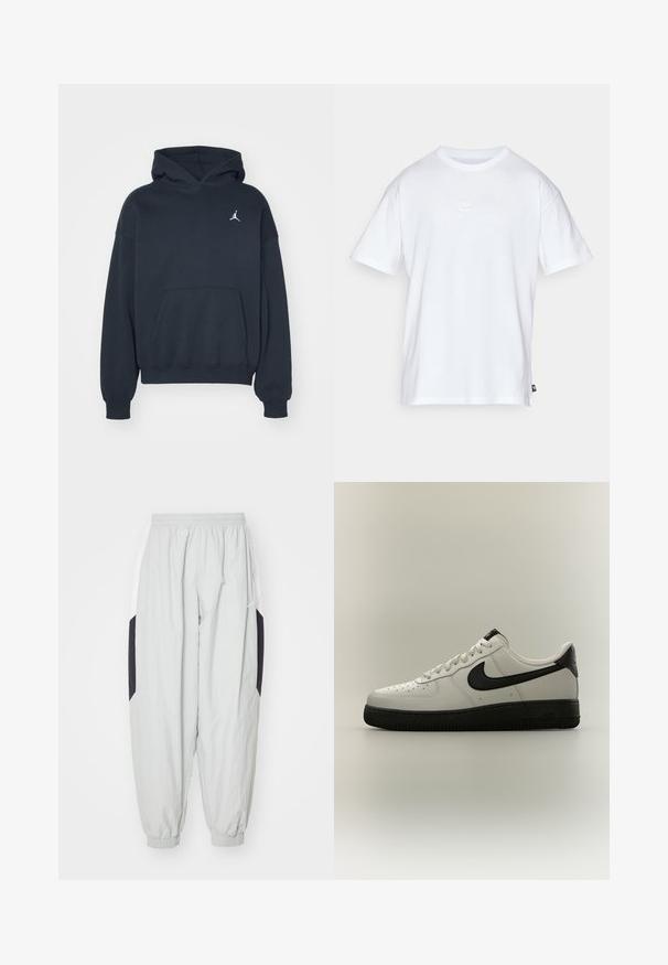 Sort hættetrøje lavet af bomuld med en kængurulomme, afslappet pasform og et lille hvidt Jumpman-logo på venstre brystområde.; Hvid bomulds T-shirt med korte ærmer og rund hals. Har et lille, diskret Nike-logo på brystet og et sidelabel.; Lys grå træningsbukser lavet af letvægtsstof, med elastisk talje og manchetter, samt kontrasterende sorte og hvide sidelapper.; Lav-skoet hvid sneaker med sort Nike-swoosh, sort hælstrop og tyk sort sål på en neutral baggrund.