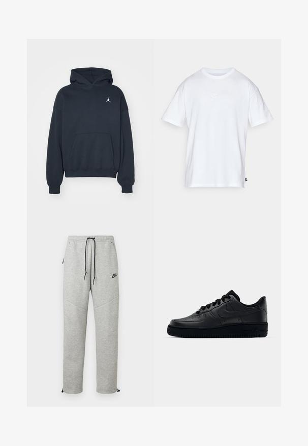 Sort hættetrøje lavet af bomuld med en kængurulomme, afslappet pasform og et lille hvidt Jumpman-logo på venstre brystområde.; Hvid bomulds T-shirt med korte ærmer og rund hals. Har et lille, diskret Nike-logo på brystet og et sidelabel.; Grå Nike sweatpants med snøre i taljen, sidelommer og elastiske manchetter. Har en glat overflade og kontrastfarvet sort logo-detalje.; Sort Nike Air Force 1 sneaker med en glat læderoverdel, perforeret tå for åndbarhed, sorte snørebånd og en textured gummisål.