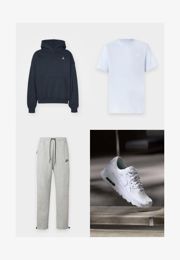 Zwarte hoodie van katoen met een kangoeroezak, relaxte pasvorm en een klein wit Jumpman-logo op de linkerkant van de borst.; Lichtblauwe katoenen t-shirt met korte mouwen, ronde hals en een wit Nike-logo gedrukt op de linkerborst. Glad textuur, eenvoudig ontwerp.; Grijze Nike trainingsbroek met een verstelbare tailleband, zijzakken en elastische boorden. Heeft een soepele textuur en contrasterende zwarte logo-details.; Witte Nike Air Max 90 sneaker met een bovenwerk van mesh en leer, een geperforeerde teenbox en een zichtbare luchtunit in de hiel.