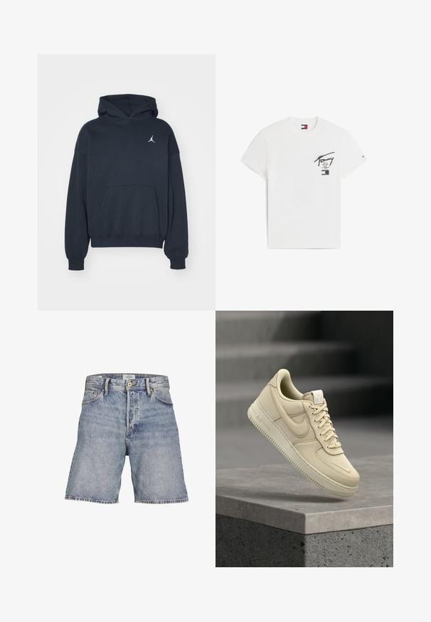 Zwarte hoodie van katoen met een kangoeroezak, relaxte pasvorm en een klein wit Jumpman-logo op de linkerkant van de borst.; Wit T-shirt met korte mouwen met zwarte handgeschreven tekst "Tommy" en stadsnamen gedrukt op de borst, plus een klein Tommy Hilfiger vlaglogo op de linkermouw.; Lichtblauwe denimshorts met een ontspannen fit, voorzien van een knoopsluiting, een vijfpockets ontwerp en contrasterende stiksels langs de randen.; Beige Nike Air Force 1 sneaker zweeft boven een grijs betonnen richel met een vervaagde trap op de achtergrond.