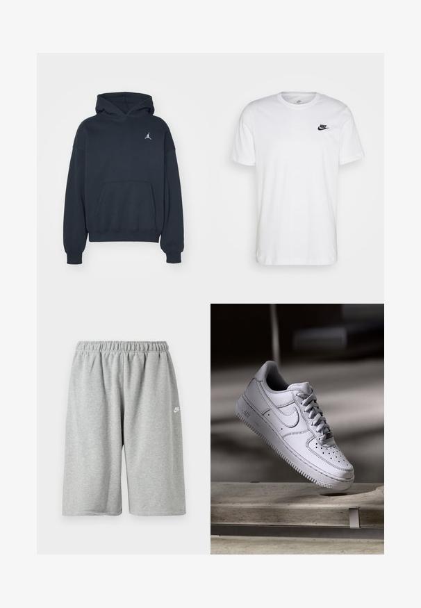 Sort hættetrøje lavet af bomuld med en kængurulomme, afslappet pasform og et lille hvidt Jumpman-logo på venstre brystområde.; Hvid bomulds T-shirt med rund hals, korte ærmer og et sort Nike-logo på venstre bryst. Enkel, ensfarvet design.; Grå bomuldsshorts med elastik i taljen, med løs pasform og et lille hvidt logo nær kanten. Glat tekstur, længde over knæet.; Hvid læder Nike Air Force 1 sneaker med perforeret tå, flade snørebånd og tekstureret gummisål med "AIR" branding på siden.