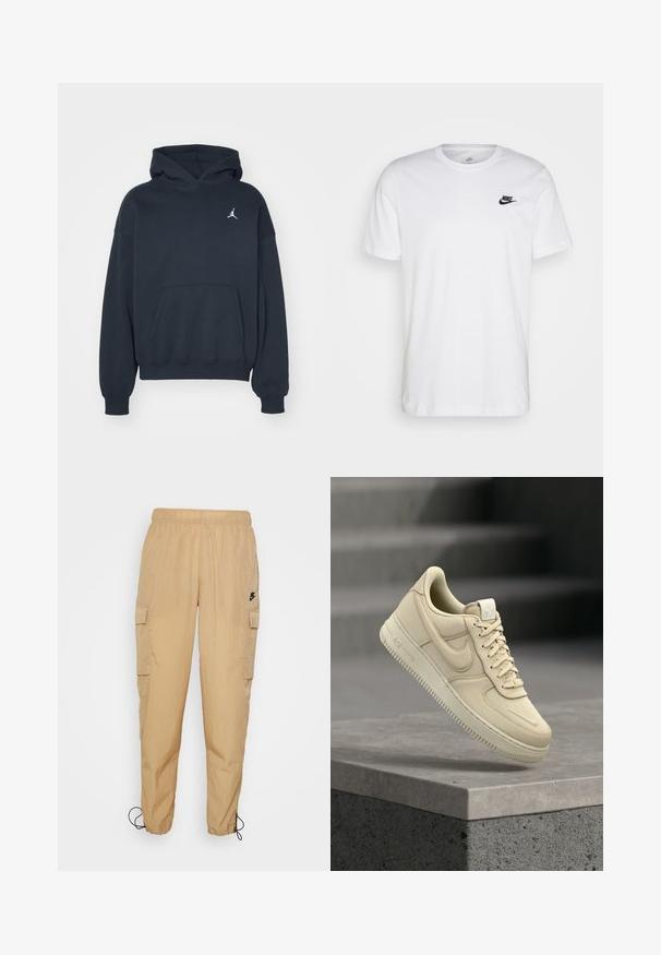 Sort hættetrøje lavet af bomuld med en kængurulomme, afslappet pasform og et lille hvidt Jumpman-logo på venstre brystområde.; Hvid bomulds T-shirt med rund hals, korte ærmer og et sort Nike-logo på venstre bryst. Enkel, ensfarvet design.; Nike Sportswear Cargobukser - hemp/black; Beige Nike Air Force 1 sneaker, der svæver over en grå betonafdækning med en sløret trapp baggrund.
