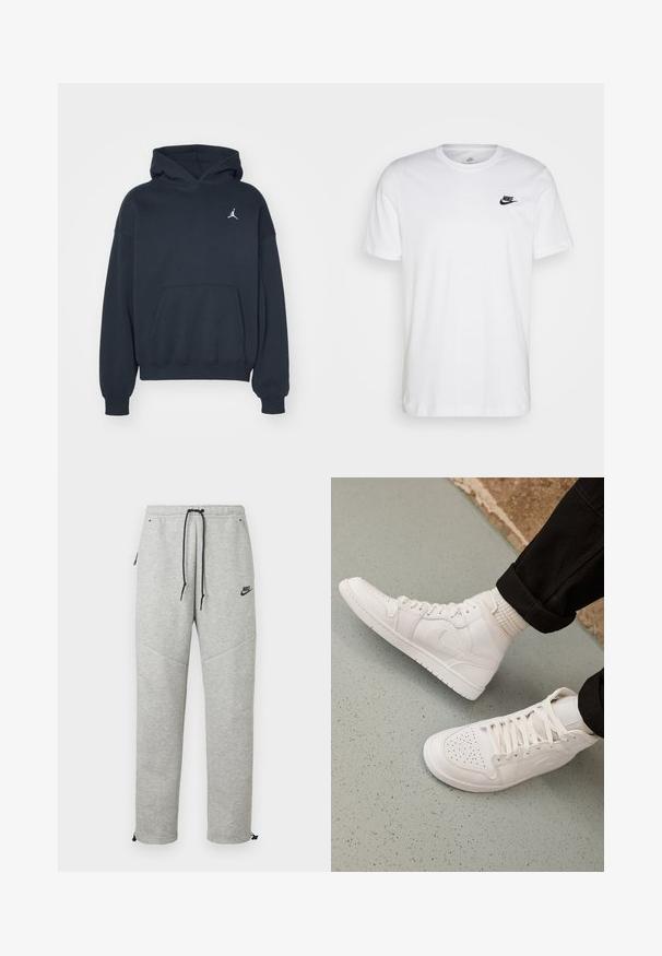 Sort hættetrøje lavet af bomuld med en kængurulomme, afslappet pasform og et lille hvidt Jumpman-logo på venstre brystområde.; Hvid bomulds T-shirt med rund hals, korte ærmer og et sort Nike-logo på venstre bryst. Enkel, ensfarvet design.; Grå Nike sweatpants med snøre i taljen, sidelommer og elastiske manchetter. Har en glat overflade og kontrastfarvet sort logo-detalje.; Hvide høj-top sneakers lavet af glat læder med perforeret tå, snørelukning og subtil logo detaljer på siden. Tekstureret gummisål.