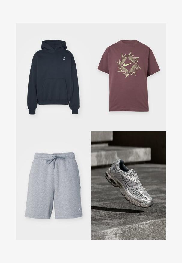 Sort hættetrøje lavet af bomuld med en kængurulomme, afslappet pasform og et lille hvidt Jumpman-logo på venstre brystområde.; Kortærmet bordeaux T-shirt med et abstrakt, neon gult, spidset cirkeldesign og en central swoosh-logo på brystet.; Grå svedshorts lavet af blødt stof, med en elastisk talje og snoretræk samt et diskret logo på den nederste venstre ben.; Sølv- og grå Nike-løbesko svævende i luften over betontrin, der viser detaljer af netmaterialet øverst og den polstrede sål.