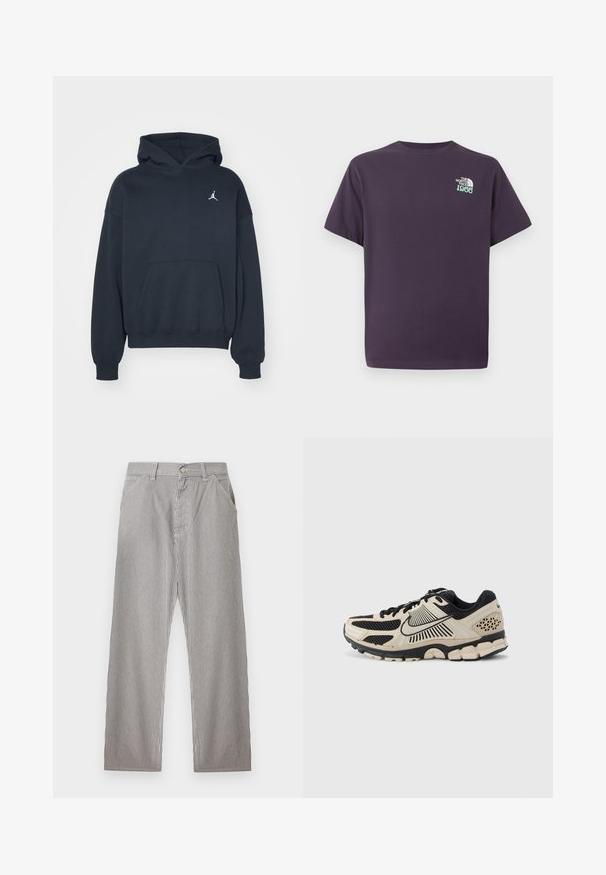 Musta puuvillane huppari, jossa on kengurupocket, rento leikkaus ja pieni valkoinen Jumpman-logo vasemmassa rintataskussa.; Tummanvioletti lyhythihainen T-paita, jossa pieni valkoinen ja turkoosi "The North Face 1966" -logo vasemmassa rinnassa.; Miesten raidalliset housut, joissa pystysuorat mustavalkoiset ohutraidat, etunappi suljenta, vyölenkit ja sivutaskut.; Nike-juoksukenkä kermanvärisenä ja mustana. Siinä on verkkomainen päällinen, teksturoituja yksityiskohtia, paksu kumipohja ja huomattava välipohjan muotoilu.