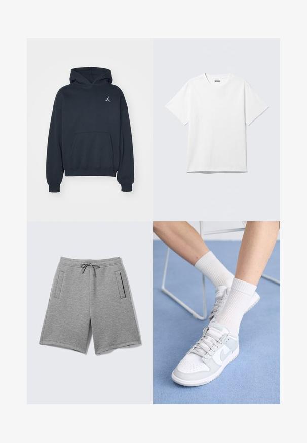 Zwarte hoodie van katoen met een kangoeroezak, relaxte pasvorm en een klein wit Jumpman-logo op de linkerkant van de borst.; Witte T-shirt met korte mouwen en ronde hals, plat gelegd, effen ontwerp, met een "WEEKDAY" label in de kraag op een lichte achtergrond.; Lichtgrijze casual shorts met een verstelbare tailleband met koord en twee verticale zijzakken op een effen achtergrond.; Witte sneakers met lichtblauwe accenten, leren bovenkant, geperforeerde neus, dikke veters en ribbelsokken in het wit tegen een blauwe achtergrond.