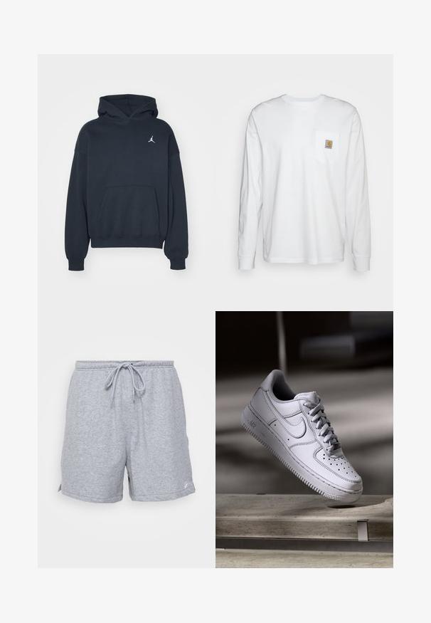 Zwarte hoodie van katoen met een kangoeroezak, relaxte pasvorm en een klein wit Jumpman-logo op de linkerkant van de borst.; Wit katoenen overhemd met lange mouwen, met een borstzakje met een vierkante logo patch. Eenvoudig ontwerp met een ronde halslijn en manchetten.; Grijze katoenen sportshorts met een verstelbare trekkoord taille, zijzakken en een klein logo op de onderste zoom.; Witte Nike Air Force 1 sneaker van leer met geperforeerde neus, platte veters en een gestructureerde rubberen zool met "AIR"-logo aan de zijkant.