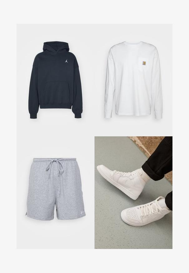 Zwarte hoodie van katoen met een kangoeroezak, relaxte pasvorm en een klein wit Jumpman-logo op de linkerkant van de borst.; Wit katoenen overhemd met lange mouwen, met een borstzakje met een vierkante logo patch. Eenvoudig ontwerp met een ronde halslijn en manchetten.; Grijze katoenen sportshorts met een verstelbare trekkoord taille, zijzakken en een klein logo op de onderste zoom.; Witte hoge sneakers van glad leer met een geperforeerde teen, vetersluiting en subtiele logo-details aan de zijkant. Geprofileerde rubberen zool.