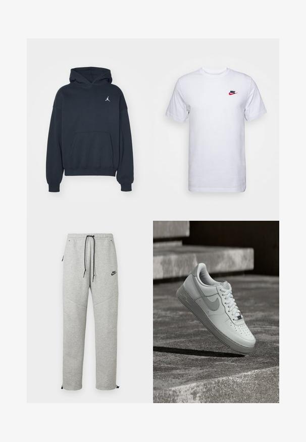 Zwarte hoodie van katoen met een kangoeroezak, relaxte pasvorm en een klein wit Jumpman-logo op de linkerkant van de borst.; Witte short-sleeve t-shirt van katoen, met een klein rood en zwart Nike-logo op de linkerkant van de borst. Regular fit, ronde hals.; Grijze Nike trainingsbroek met een verstelbare tailleband, zijzakken en elastische boorden. Heeft een soepele textuur en contrasterende zwarte logo-details.; Witte Nike Air Force 1 sneaker zwevend boven een geribbelde betonnen ondergrond met stenen traptreden op de achtergrond.