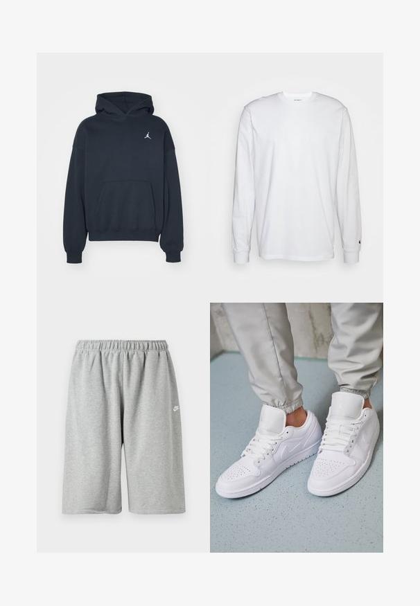 Sort hættetrøje lavet af bomuld med en kængurulomme, afslappet pasform og et lille hvidt Jumpman-logo på venstre brystområde.; Hvid langærmet T-shirt lavet af bomuld. Rund halsudskæring med ribbede manchetter og et lille logo på venstre ærme. Glat tekstur.; Grå bomuldsshorts med elastik i taljen, med løs pasform og et lille hvidt logo nær kanten. Glat tekstur, længde over knæet.; Hvide lædersneakers har en perforeret tåboks, flade snørebånd, polstret krave og Jordan-logoet på tungen. Båret med grå joggers.