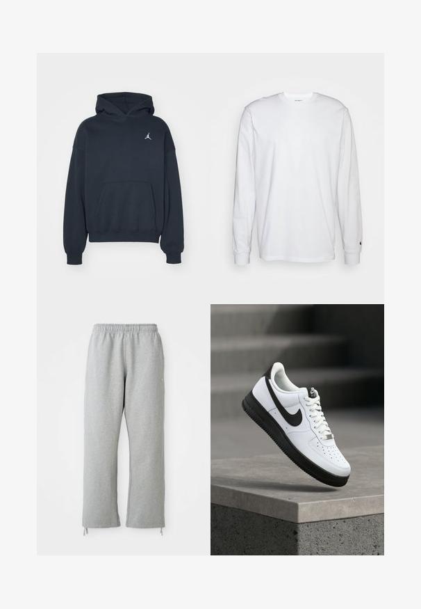 Sort hættetrøje lavet af bomuld med en kængurulomme, afslappet pasform og et lille hvidt Jumpman-logo på venstre brystområde.; Hvid langærmet T-shirt lavet af bomuld. Rund halsudskæring med ribbede manchetter og et lille logo på venstre ærme. Glat tekstur.; Grå sweatpants med elastisk talje, lige ben og snoretræk ved kanten. Fremstillet af blødt, struktureret stof.; Hvid lædersneaker med sorte detaljer, rundet tå og perforerede detaljer. Sort gummisål med tekstureret mønster og snørelukning.